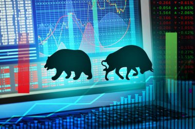 Confrontation between bull and bear as symbols of financial market. Laptop with charts on screen. Concept of stock trading clipart