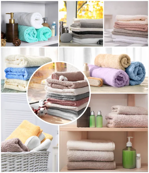 Collage met zachte schone handdoeken — Stockfoto