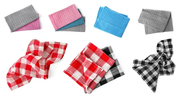 Collage with dish towels on white background — Stock Photo, Image