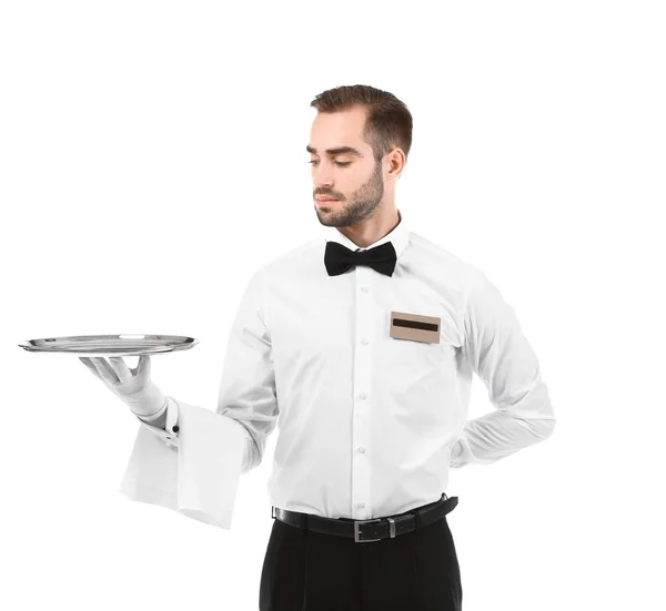 Официант с металлическим подносом на белом фоне — стоковое фото