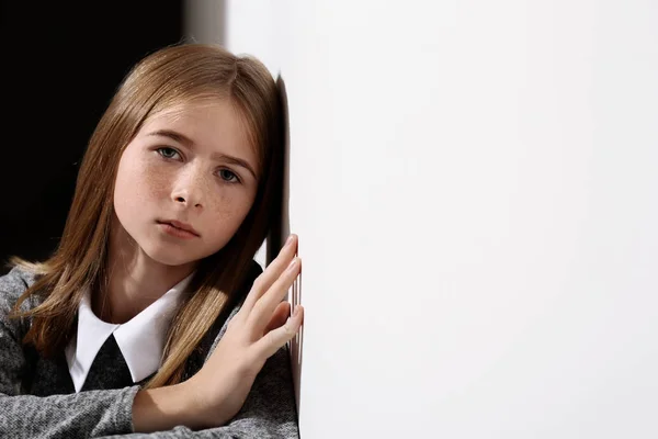 Sad Teenage Girl Leaning Wall Indoors — Stock Photo, Image