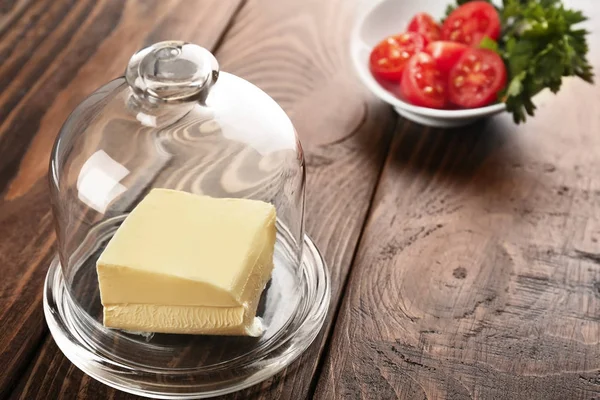 Prato Vidro Com Manteiga Saudável Mesa — Fotografia de Stock