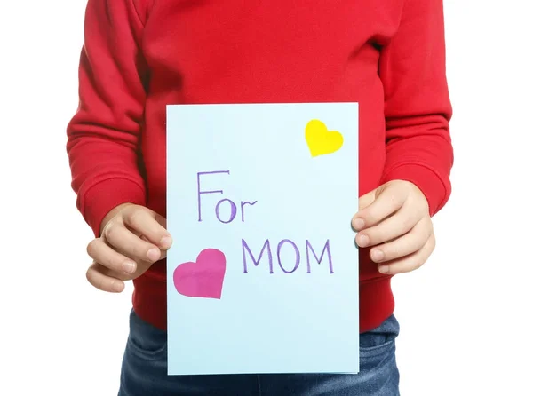 Niedlicher Kleiner Junge Mit Grußkarte Zum Muttertag Auf Weißem Hintergrund — Stockfoto