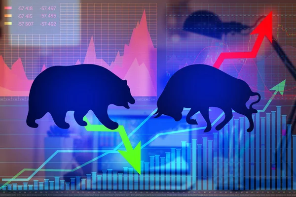 Confronto entre touro e urso como símbolos do mercado financeiro com gráficos em segundo plano. Conceito de negociação de ações — Fotografia de Stock