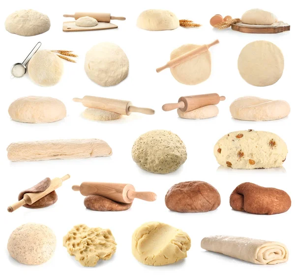 Collage with different kinds of dough on white background — Stock Photo, Image