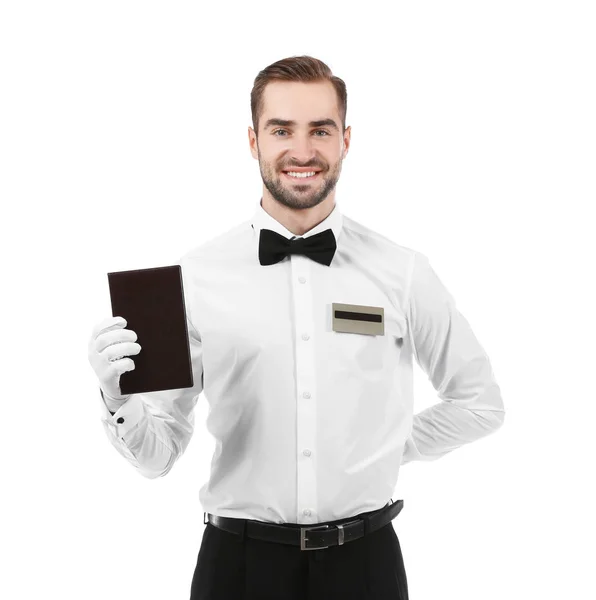 Camarero guapo con menú sobre fondo blanco — Foto de Stock