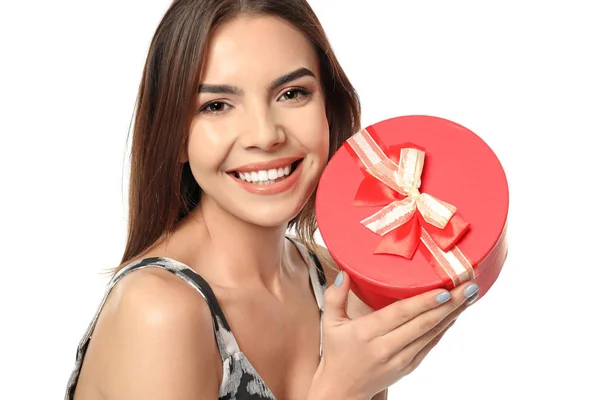 Belle Jeune Femme Avec Cadeau Pour Saint Valentin Sur Fond — Photo