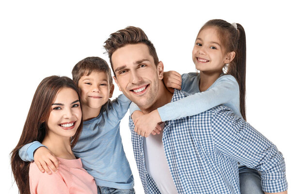 Happy family with little children on white background
