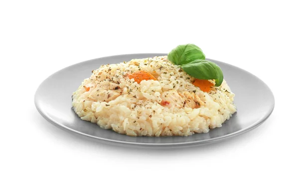 Plaat Met Heerlijke Pompoen Risotto Witte Achtergrond — Stockfoto