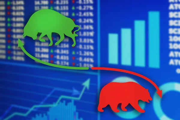 Confrontatie tussen bull en bear als symbolen van financiële markt met grafieken op achtergrond. Concept van de aandelenhandel — Stockfoto