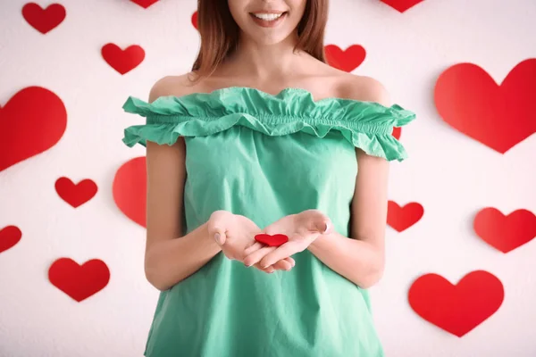 Romantic Young Woman Small Felt Heart Wall Decorated Valentine Day — Stock Photo, Image
