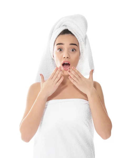 Young Woman Towel White Background — Stock Photo, Image