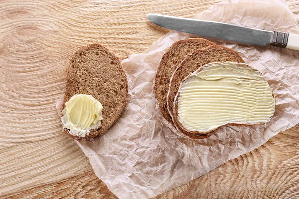 Roti Dan Mentega Sehat Meja Kayu Pemandangan Atas — Stok Foto