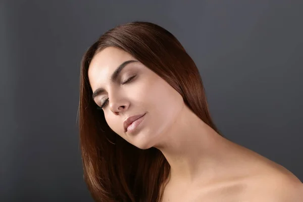 Beautiful Young Woman Eyelash Extensions Grey Background — Stock Photo, Image