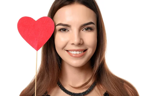 Romantische Junge Frau Mit Party Dekor Zum Valentinstag Auf Weißem — Stockfoto