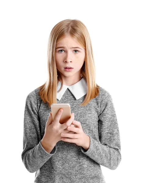 Menina Adolescente Triste Com Smartphone Fundo Branco — Fotografia de Stock