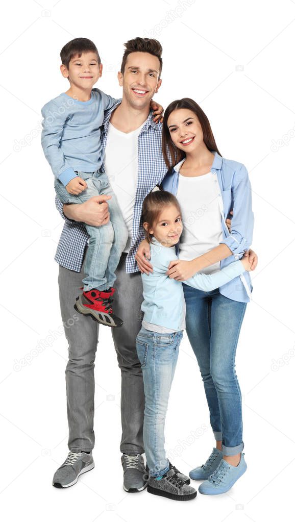 Happy family with little children on white background