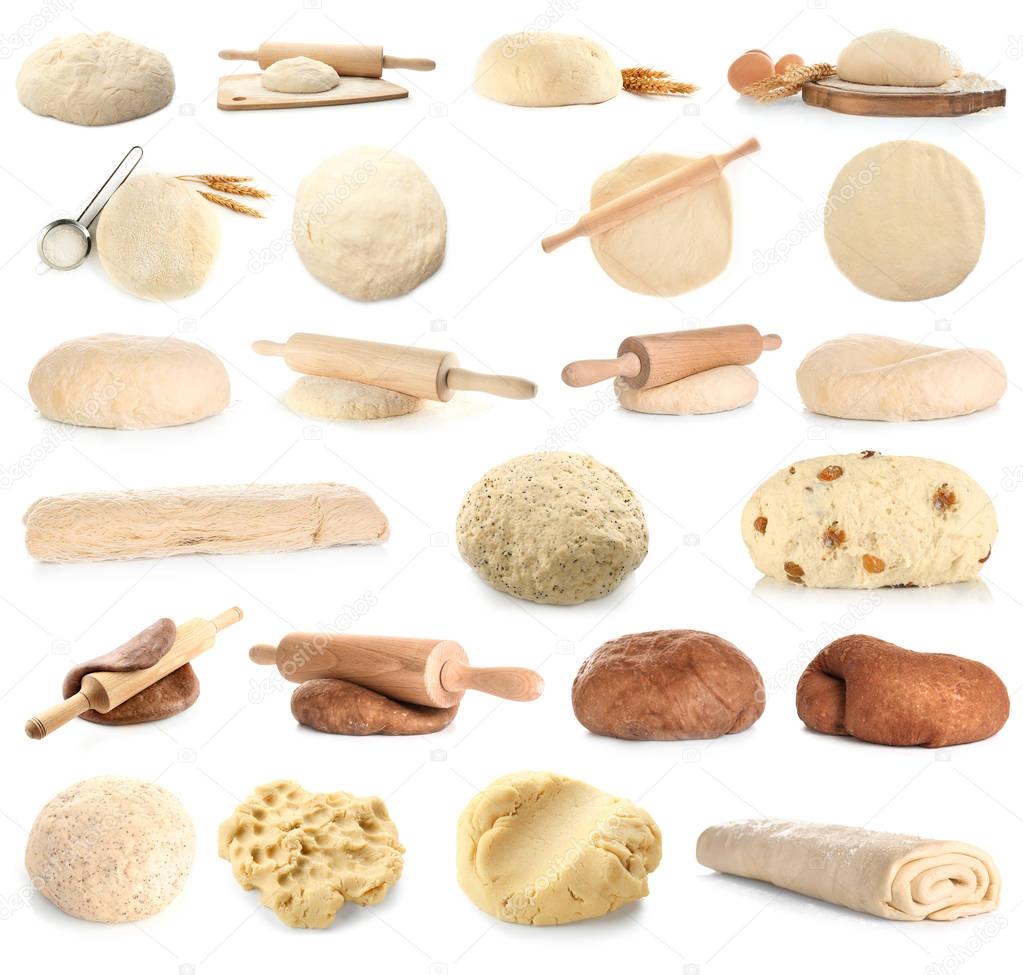 Collage with different kinds of dough on white background