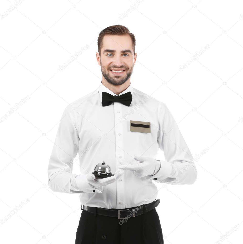 Handsome bellboy on white background