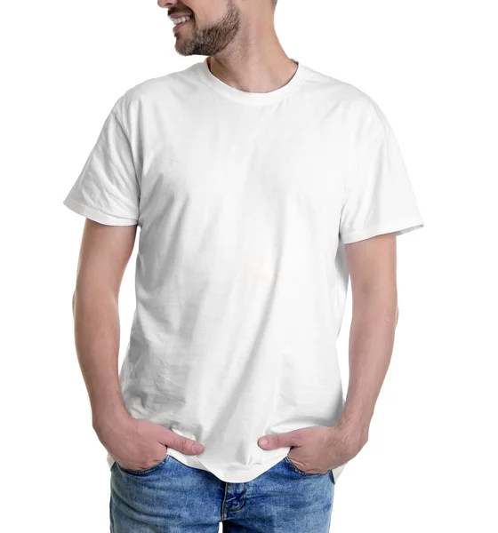 Jovem Shirt Sobre Fundo Branco Mockup Para Design — Fotografia de Stock