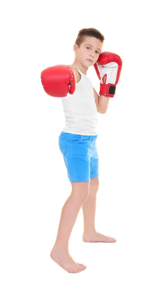 Schattige Kleine Jongen Bokshandschoenen Witte Achtergrond — Stockfoto