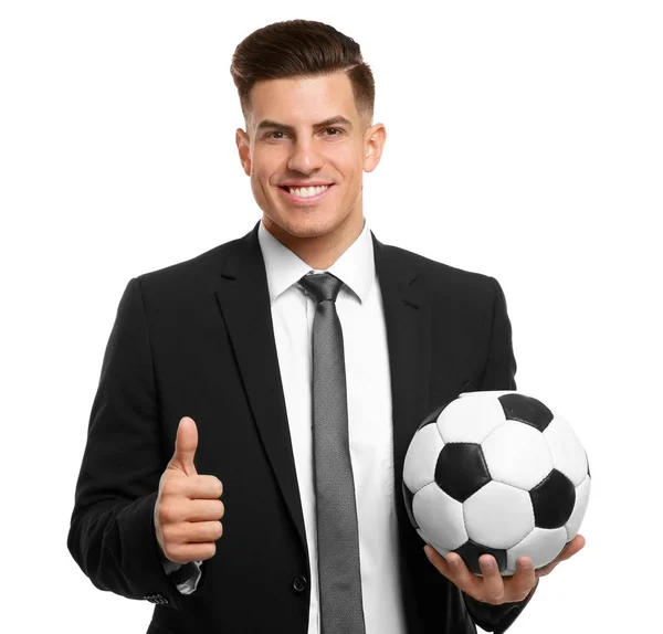 Knappe Manager Met Voetbal Witte Achtergrond — Stockfoto