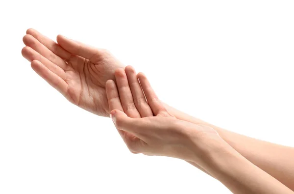 Jovem Mulher Tocando Mão Sentindo Efeito Hidratante Creme Fundo Branco — Fotografia de Stock