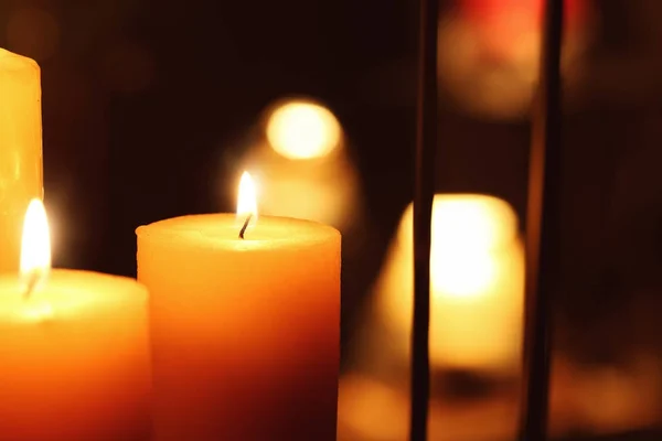 Beautiful Burning Candles Darkness Closeup — Stock Photo, Image