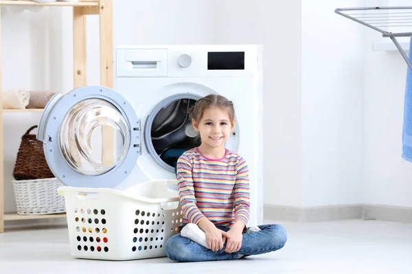 Cute Little Girl Doing Laundry Home — Stock Photo, Image