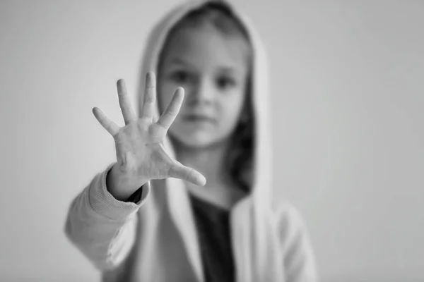 Sad Little Girl Making Stop Gesture Grey Background Black White — Stock Photo, Image