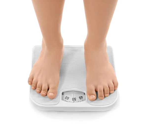 Legs Overweight Boy Using Scales White Background — Stock Photo, Image