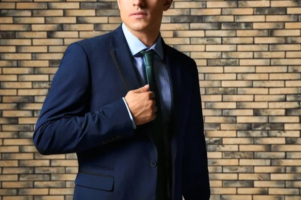 Handsome Man Elegant Suit Brick Wall — Stock Photo, Image