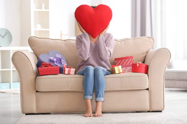 Romantic Young Woman Heart Shaped Pillow Gifts Valentine Day Home — Stock Photo, Image