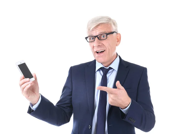 Atraktivní Starší Podnikatel Smartphone Bílém Pozadí — Stock fotografie