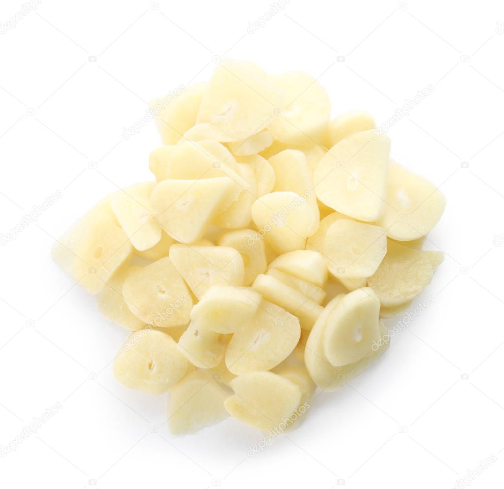 Chopped garlic on white background