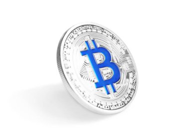 Beyaz arka plan üzerinde gümüş bitcoin