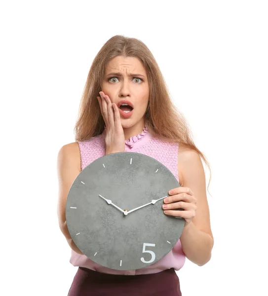 Gestionnaire Choqué Avec Horloge Sur Fond Blanc — Photo