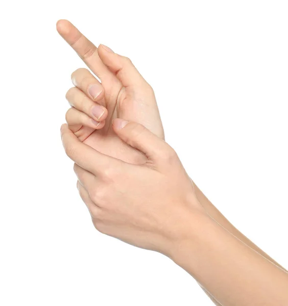 Руки молодой женщины со здоровой кожей смягчается кремом с увлажняющим эффектом, на белом фоне — стоковое фото