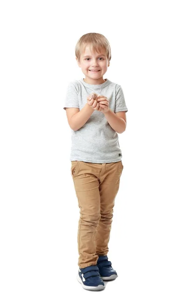 Menino Com Bonito Pet Hamster Fundo Branco — Fotografia de Stock