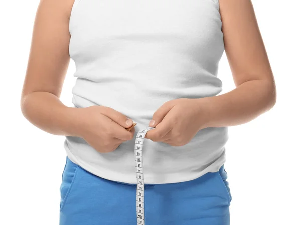 Ragazzo sovrappeso misurazione vita — Foto Stock