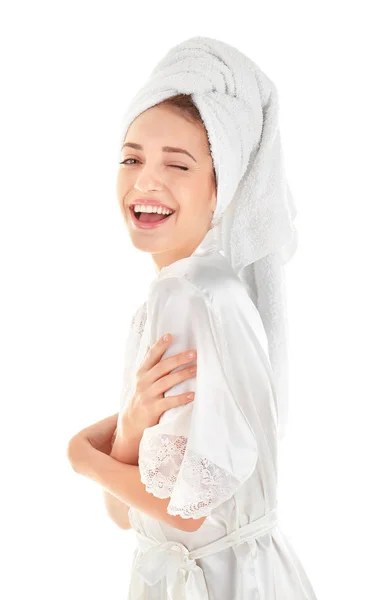 Attraente giovane donna in asciugamano — Foto Stock