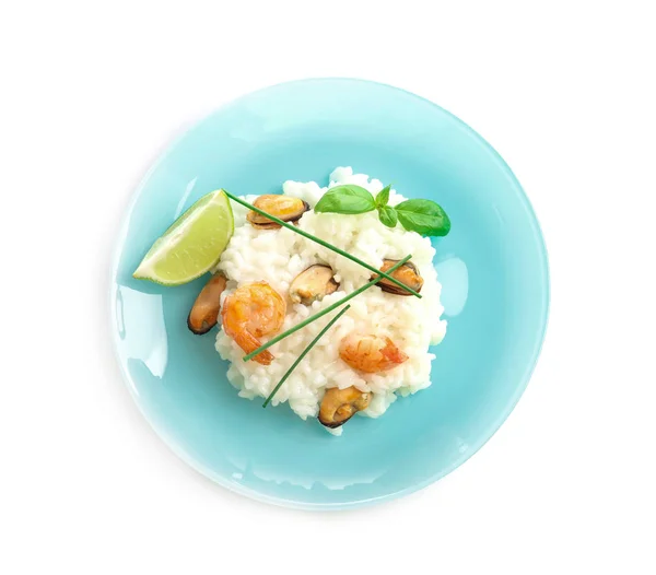 Plate Delicious Seafood Risotto White Background — Stock Photo, Image