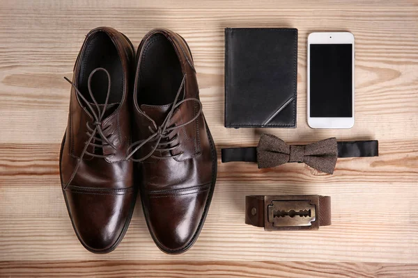 Composition Elegant Leather Men Shoes Wooden Background — Stock Photo, Image