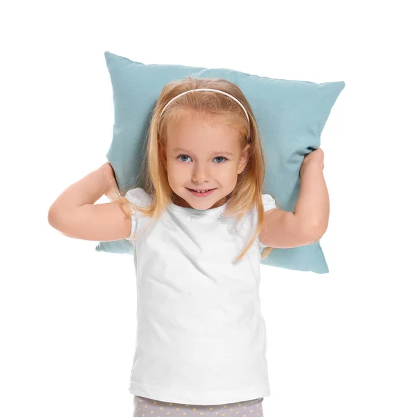Kleines Mädchen Mit Großem Kissen Auf Weißem Hintergrund — Stockfoto