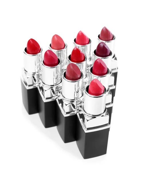 Lippenstift Van Verschillende Tinten Witte Achtergrond — Stockfoto