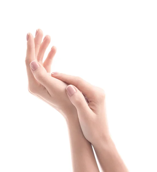 Jovem Mulher Tocando Mão Sentindo Efeito Hidratante Creme Fundo Branco — Fotografia de Stock