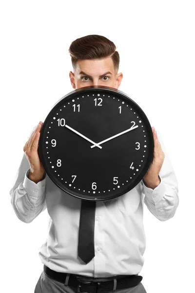 Handsome Manager Clock White Background — Stock Photo, Image