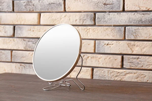 Modern Mirror Wooden Table Brick Wall — Stock Photo, Image