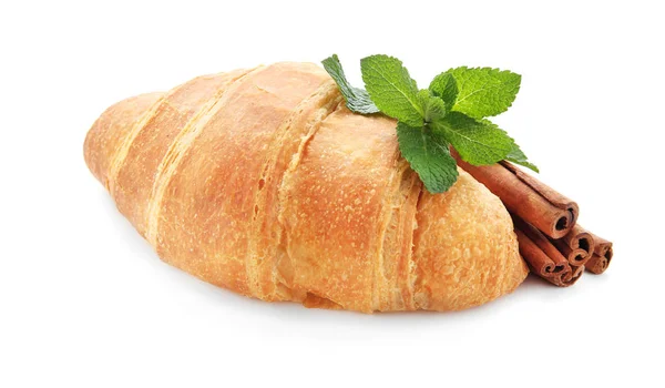 Leckeres Frisches Croissant Mit Zimt Auf Weißem Hintergrund — Stockfoto