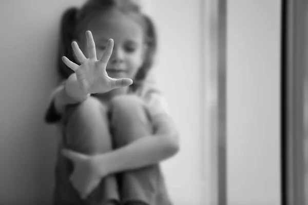 Sad Little Girl Making Stop Gesture Indoors Black White Effect — Stock Photo, Image